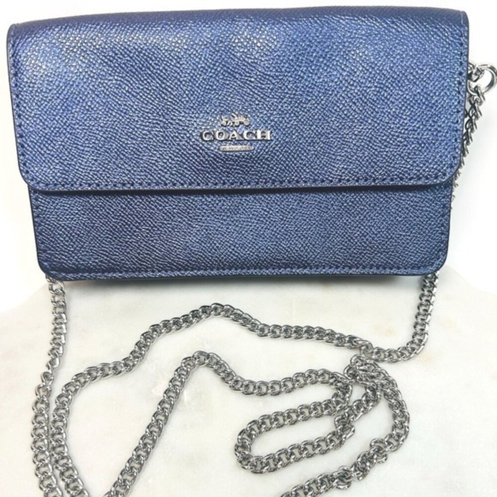 Coach Leather Wallet Clutch Zip Fold Over Chain‎ Strap Metallic Multicolor